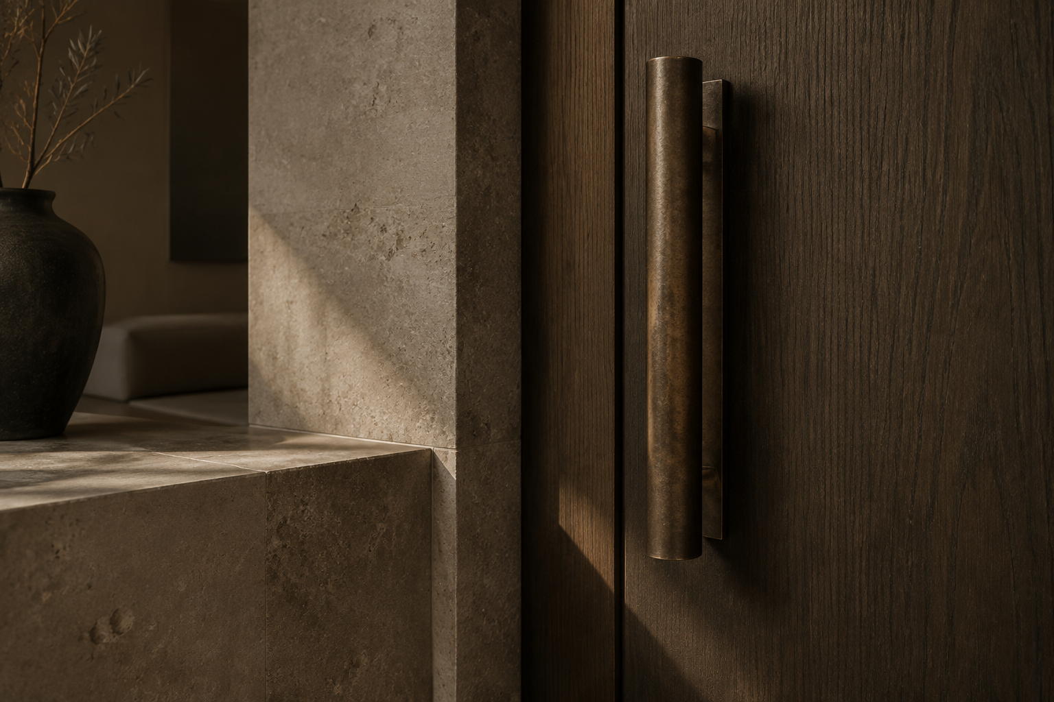 Materialstudie mit geölter Eiche, geschliffenem Kalkstein und einer fein gefügten Kante aus dunkler Bronze.