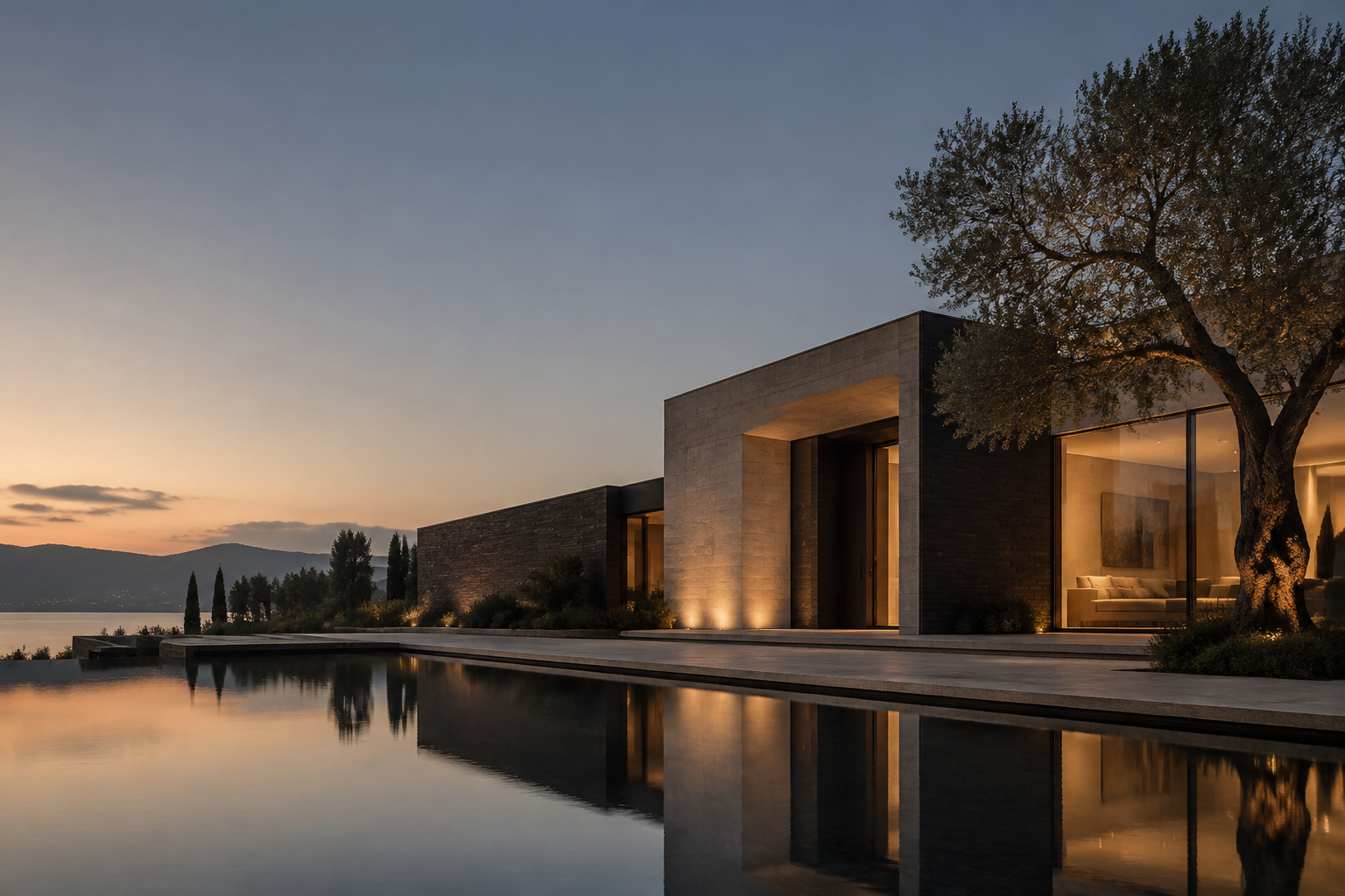 Architekturvisualisierung eines Wohnhauses aus hellem Naturstein mit tiefen Fensterlaibungen im Abendlicht.